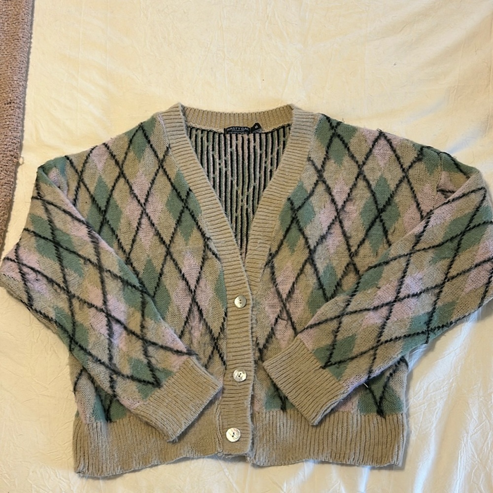 Nasty Gal fuzzy argyle cardigan size M